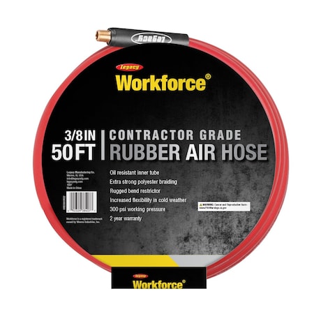 Workforce Air Hose, 3/8in x 50ft, 1/4in Fittings, Red, Rubber HRE3850RD2